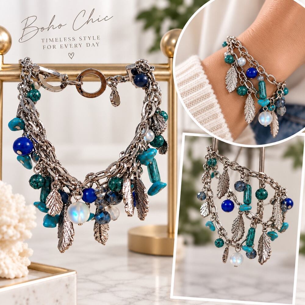 Vera Bradley $44 NWT silver blue feather multi chain charm bracelet boho gift